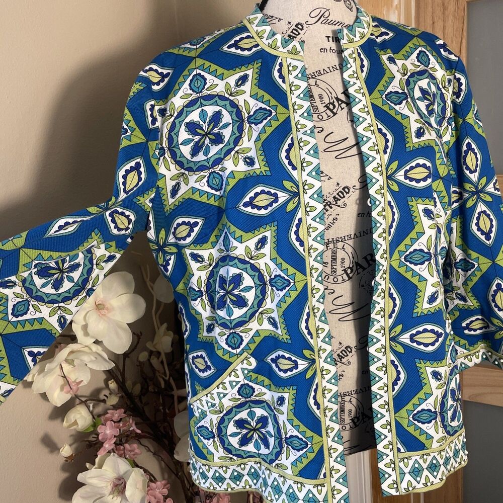 Chico's open front artsy colorful blazer size "2" blue 3/4 sleeve - Picture 3 of 9